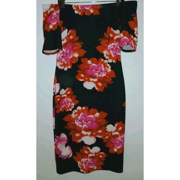 Bisou Bisou Black Floral Retro 90s Vibe Pencil Dress Sz 12 Off Shoulder Back Zip - Picture 1 of 11